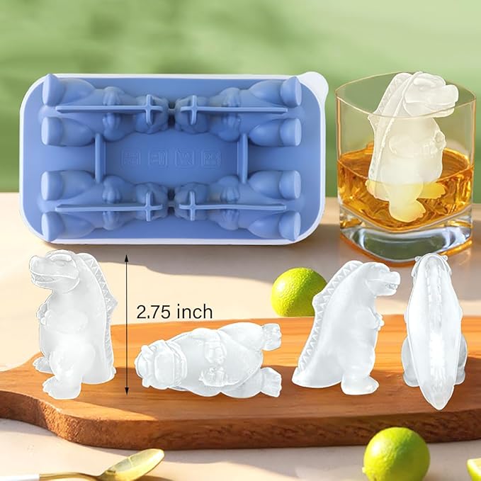 Dinosaur Ice Cube Tray, 3D Dino Ice Cube Mold, Silicone Ice Tray Large Fun Shapes, Make 4 Cute Monster Ice Balls for Whiskey Cocktails, Dinosaur Gifts for Kids Men Women, Blue