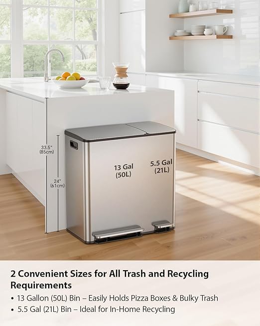 Lovewind Double Trash Can Kitchen, 13+5.5 Gallon Stainless Steel Dual Trash and Recycle Bin Combo with Silent Close Lid, Heavy-Duty Foot Pedal, Easy to Clean Garbage Can for Large Families, Silver