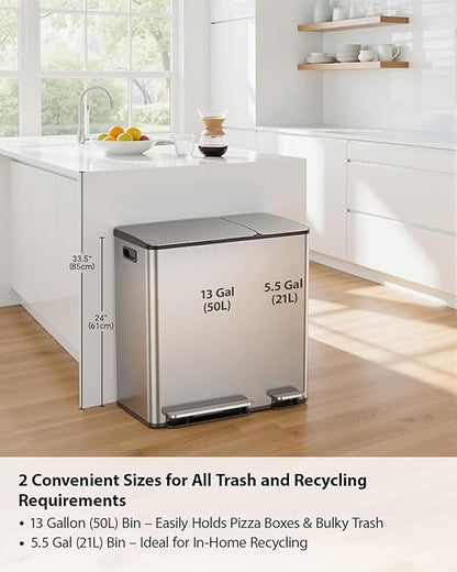 Lovewind Double Trash Can Kitchen, 13+5.5 Gallon Stainless Steel Dual Trash and Recycle Bin Combo with Silent Close Lid, Heavy-Duty Foot Pedal, Easy to Clean Garbage Can for Large Families, Silver