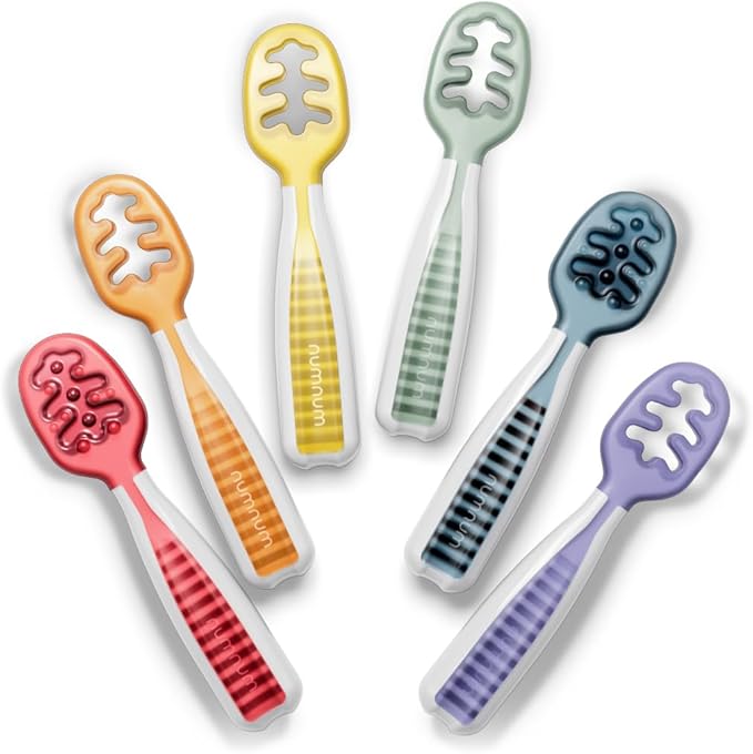 NumNum Baby Spoons Set, Baby Essentials Pre-Spoon GOOtensils for 6+ Months, First Stage Self-Feeding Spoons for Baby Led Weaning (BLW), Silicone Toddler Utensils, BPA-Free, 6 Pack Rainbow by NumNum