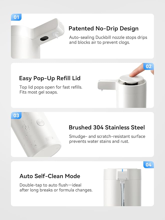 SUNLY Touchless Automatic Soap Dispenser – Clog-Free Pump, Fast Sensor, USB-C Rechargeable, Smudge-Resistant Stainless Steel, for Kitchen & Bathroom Soap Dispenser, White - Image 7