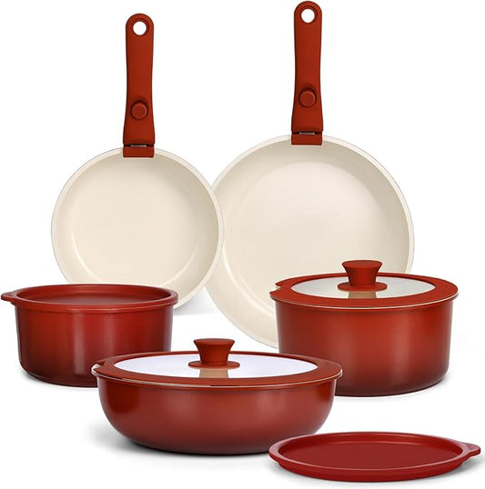 GIPP 11PCS Ceramic Pots and Pans Set Non Stick, Nonstick Cookware Set Detachable Handle, Red Black Gradien Pots and Pans Induction Kitchen Cooking Sets, RV Cookware Sets for All Stoves