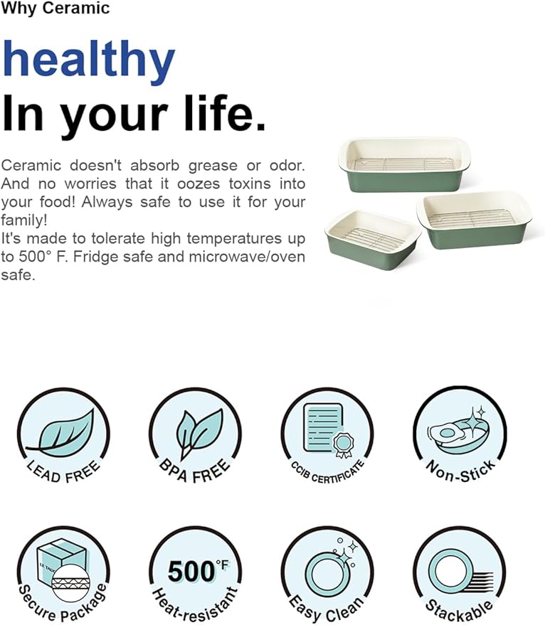 LE TAUCI Deep Casserole Dishes for Oven, 13.7”x9.6” Ceramic Baking Dish Set with Roasting Racks, Large Lasagna Pans with Handles, Rectangular Bakeware as Gift for Mom, Forest Green (4.6QT/3.0QT/1.6QT), Set of 3 - Image 9
