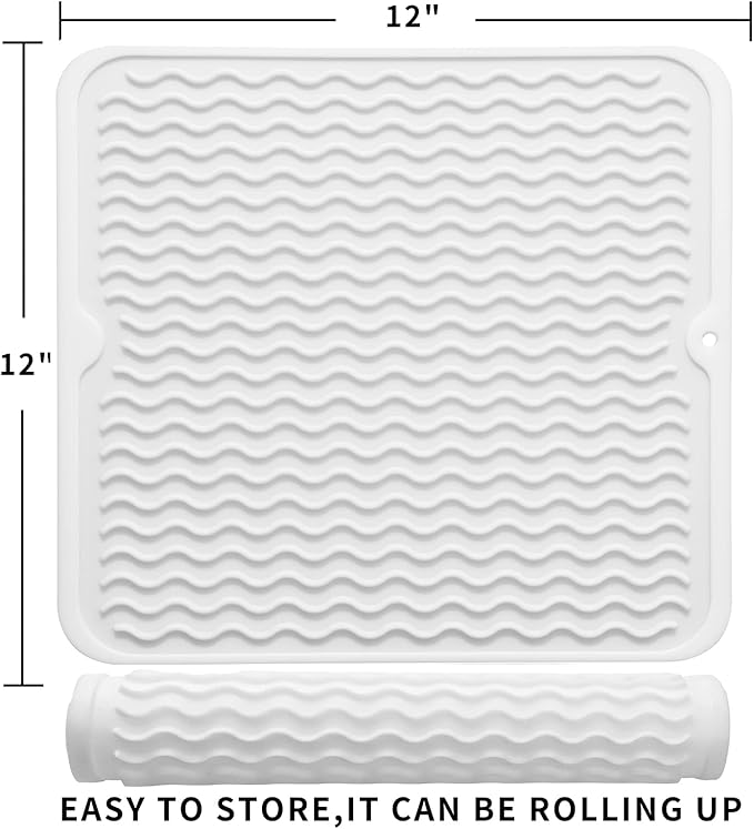 MicoYang Silicone Dish Drying Mat for Multiple Usage,Easy clean,Eco-friendly,Heat-resistant Silicone Mat for Kitchen Counter or Sink,Refrigerator or Drawer liner White M 12 inches x 12 inches - Image 2