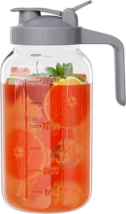 Glass Mason Jar Pitcher, 64 oz Wide Mouth Jug with Pour Spout Handle Lid for Cold Brew Coffee, Ice Beverage, Iced Juice, Lemonade, Sun Tea, Fruit Drinks Container(Gray) by Junvpic