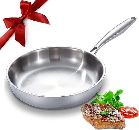 DELARLO Tri-Ply Stainless Steel Pan, 18/10 Frying Pan, Oven Safe Up to 600°F, Nontoxic Cookware, Compatible with All Cooktops Skillet, Durable, Fast Even Heat Fry Pan,12.5 inch Steel Frying Pan by DELARLOCOOKWARE