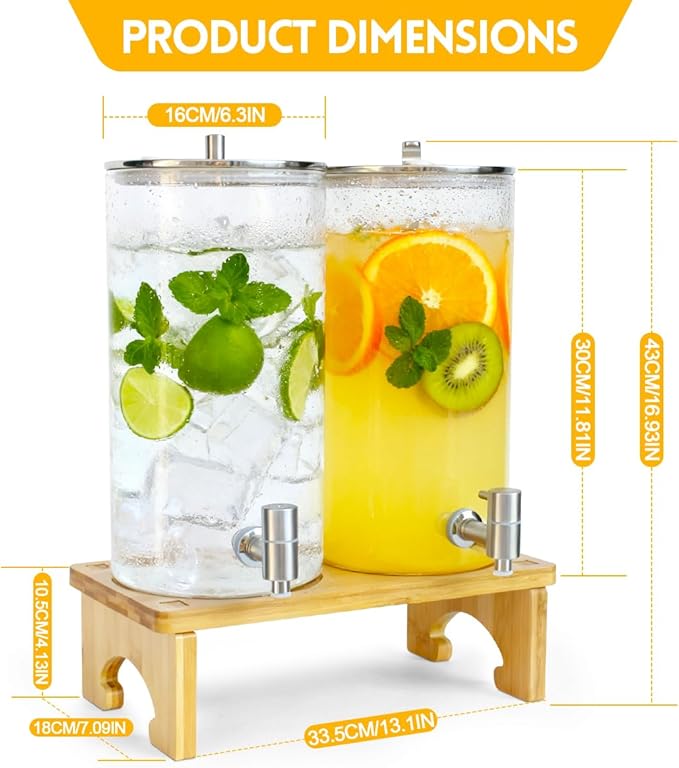 2 Pack 1.5 Gallon Drink dispenser with Stand，Glass Beverage Dispenser With Wood Stand, 18/8 Stainless Steel Spigot and Labels Large Water Drink Dispensers for Parties, Lemonade,Juice, Tea - Image 3