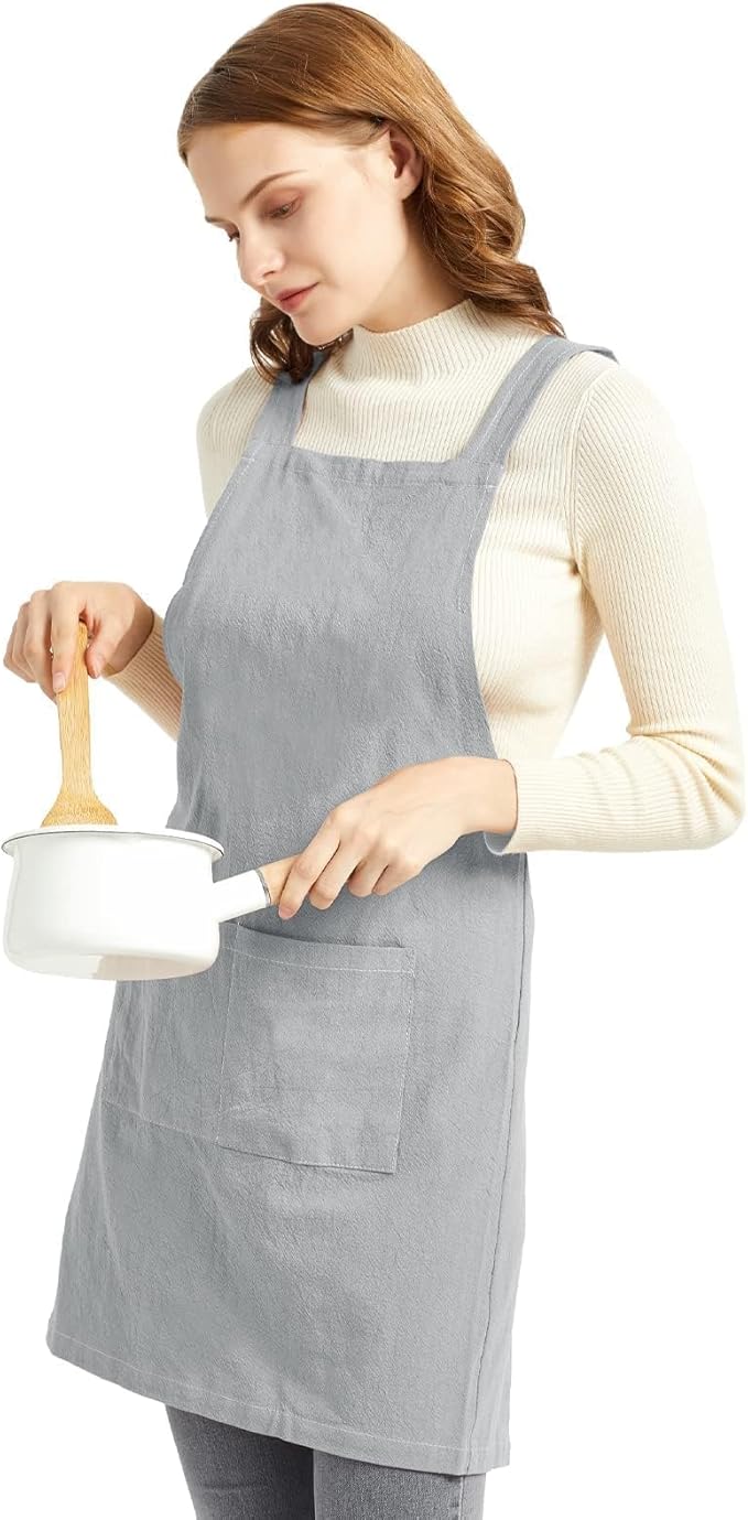 ELEZAY Aprons for Women with Pockets Plus Size Comfort Cross Back No Tie Cotton Linen Apron Pinafore