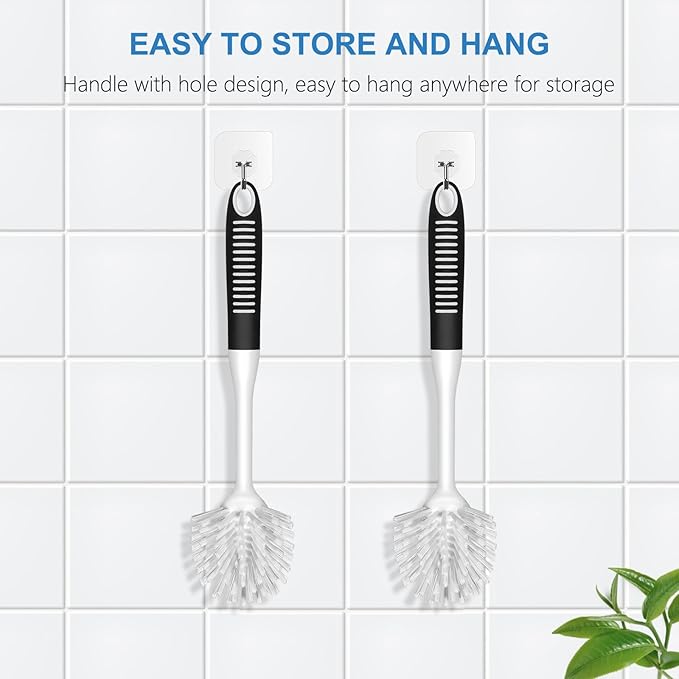 SetSail Dish Brush with Handle, 3 Pack Stiff Bristles Dish Scrubber with Built-in Scraper Dish Scrub Brushes for Cleaning Dishes, Pots and Pans, Kitchen Sink, 3 Pack, Black White - Image 3
