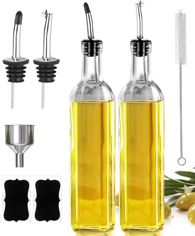 Leaflai Olive Oil Dispenser Bottle, 2 Pcs Glass Olive Oil Dispenser and Vinegar Dispenser Set with 2 Stainless Steel Pourers, 4 Labels,1 Brush and 1 Funnel Oil Bottles for Kitchen (500ml) by Leaflai