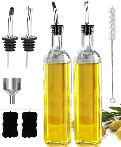 Leaflai Olive Oil Dispenser Bottle, 2 Pcs Glass Olive Oil Dispenser and Vinegar Dispenser Set with 2 Stainless Steel Pourers, 4 Labels,1 Brush and 1 Funnel Oil Bottles for Kitchen (500ml) by Leaflai