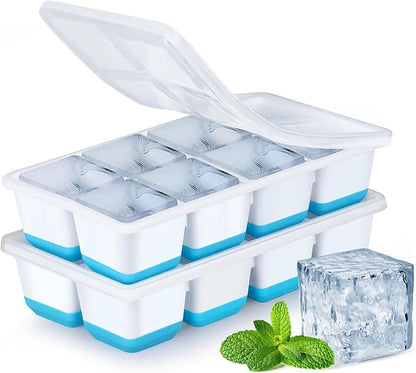 Large Ice Cube Trays with Lid, Jrisbo 2 Pack Stackable Silicone Ice Cube Molds for Freezer, Easy Release 16 Big Square Ice Trays for Whisky Cocktails (Blue) by Jrisbo