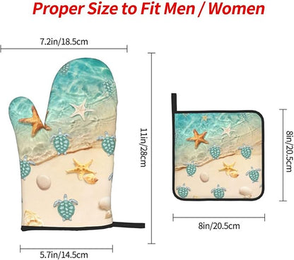 Sea Turtles Beach Oven Mitts and Pot Holders Sets of 3 Nautical Kitchen Decor Heat Resistant Hot Pads Teal Nautical Decorative Oven Gloves for Cooking Grilling Baking - Image 4