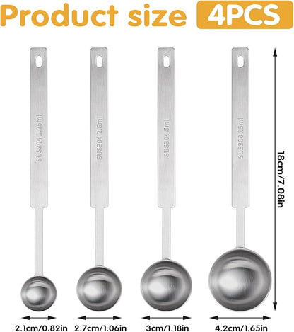 4Pcs Long Handle Measuring Spoons Set, 7 Inches Stainless Steel Measuring spoon Tablespoon Teaspoon Coffee Scoop for Cooking Baking