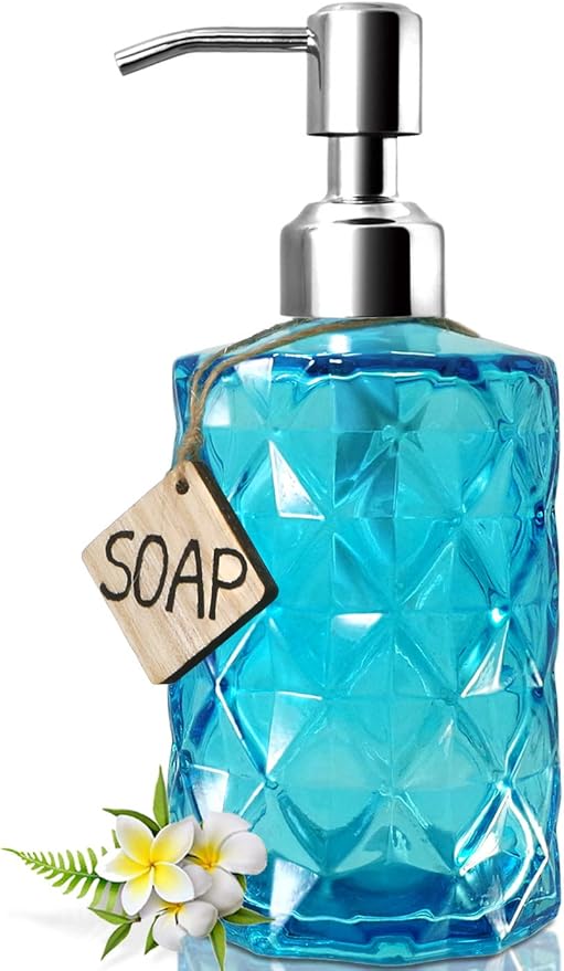 JASAI Diamond Design Soap Dispenser with 304 Rust Proof Stainless Steel Soap Pump, 12 Ounce Kitchen Soap Dispenser for Bathroom, Hand Soap, Dish Soap (Clear Blue). by JASAIHOME