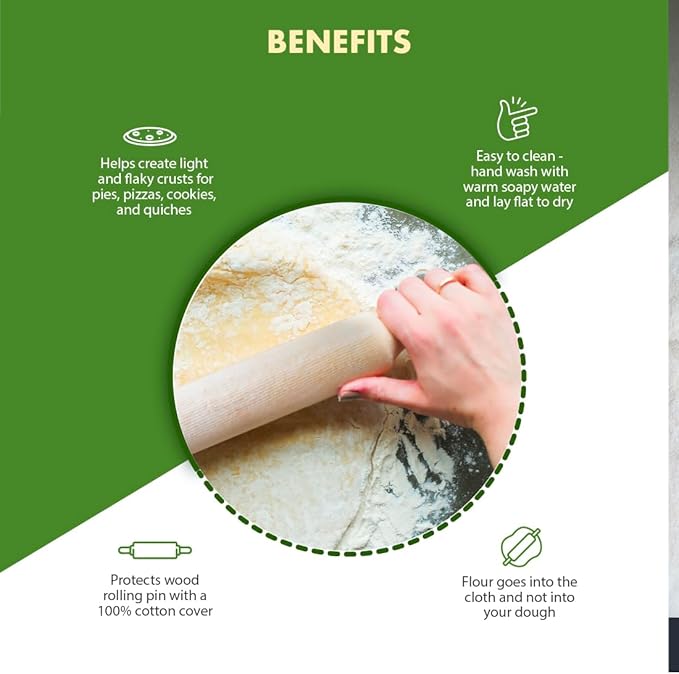 Regency Wraps Rolling Pin Cover for Non-Stick Dough Rolling, 100% Cotton Absorbs Excess Flour So Pastries Come out Light and Flakey, 15" Pack of 2 - Image 2