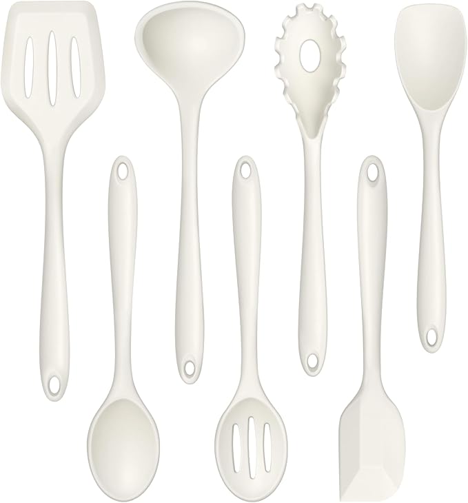 TeamFar Silicone Cooking Utensils Set, 7-Piece Heat Proof Kitchen Utensils Set, Kitchen Tools Spatula Turner Ladle Spoon Pasta Fork for Nonstick Cookware, Non-Toxic & Dishwasher Safe, White by TeamFar