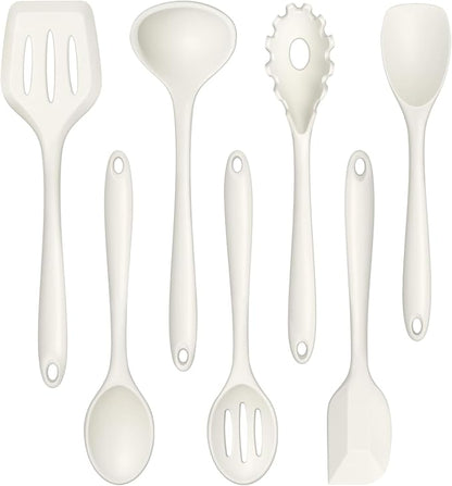 TeamFar Silicone Cooking Utensils Set, 7-Piece Heat Proof Kitchen Utensils Set, Kitchen Tools Spatula Turner Ladle Spoon Pasta Fork for Nonstick Cookware, Non-Toxic & Dishwasher Safe, White by TeamFar