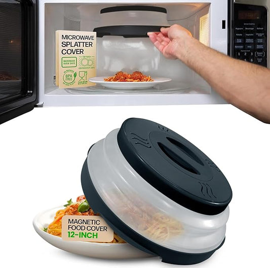 HOVER COVER Magnetic Microwave Splatter Cover with High Power, Strongest Magnetic Grip, Collapsible 12-Inch BPA-Free Food Lid, Vented Plate Guard, Dishwasher Safe, Space-Saving Storage - Black by HoverCover