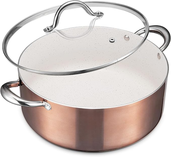 BEZIA Large 8 Quart Nonstick Cooking Pot with Lid, Induction Stock Pot, Soup Pot for All Stovetops, Non-toxic and Oven Safe, PFOA PFAS Free, Golden by BEZIA