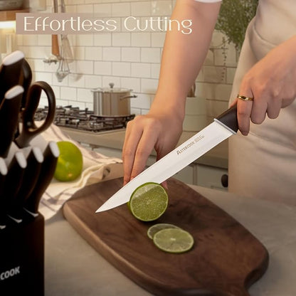 Astercook Knife Set, Kitchen Knives with Block and Sharpener 15 Pcs German Stainless Steel Knives Sharp Blade Dishwasher Safe Deba Knives with Ergonomic Handle, Elegant Black - Image 6