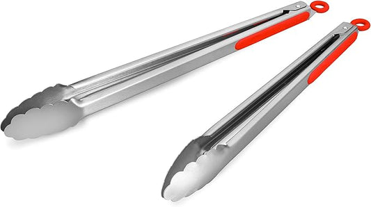 304 Stainless Steel Kitchen Cooking Tongs, 14" and 16" Set of 2 Sturdy Grilling Barbeque Brushed Locking Food Tongs with Ergonomic Grip, Red by ALLWIN-HOUSEWARE
