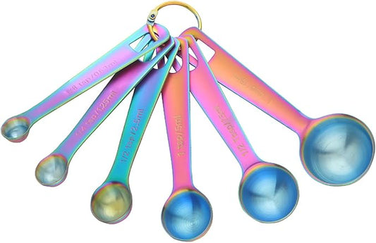 DOCBLACK Measuring Spoons, Heavy Duty 18/8 Stainless Steel Cue Measuring Spoons Set, Set of 6 for Measuring Dry and Liquid Ingredients - Rainbow