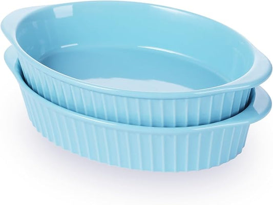 LEETOYI Porcelain Small Oval Au Gratin Pans, Baking Dish Set for 1 or 2 person servings, Bakeware with Double Handle for Kitchen and Home, Set of 2 (Turquoise) by LEETOYI