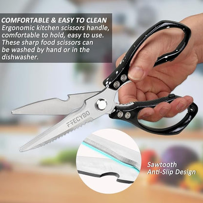 Heavy Duty Food Shears, Multi-Purpose Kitchen Scissors with Sharp Blades, 2-Pack Stainless Steel Food Shears for Kitchen, Poultry, Meat, Fish,Bone (Black)