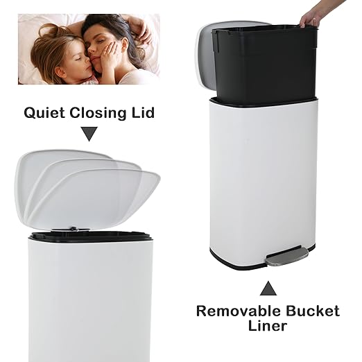 50 Liter Kitchen Trash Can with Lid, Stainless Steel 13 Gallon Trash Can with Foot Pedal and Plastic Inner Bucket, Fingerprint-Resistant Soft Close Lid Garbage Can, Odor Proof and Hygienic, White - Image 3
