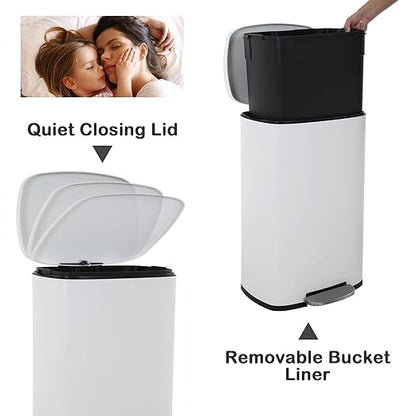50 Liter Kitchen Trash Can with Lid, Stainless Steel 13 Gallon Trash Can with Foot Pedal and Plastic Inner Bucket, Fingerprint-Resistant Soft Close Lid Garbage Can, Odor Proof and Hygienic, White - Image 3