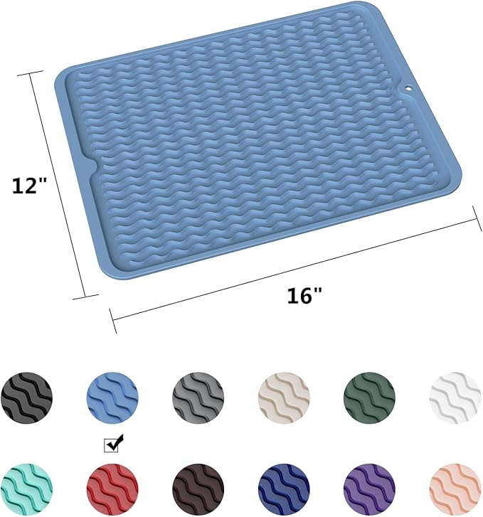 ZLR Silicone Dish Drying Mat & Heat Resistant Trivet (12" x 16") - Waterproof Counter Protector for Air Fryer, Coffee Maker - Non-Slip, BPA Free Kitchen Pad, Easy Clean Dishwasher Safe (Lichen Blue) - Image 6