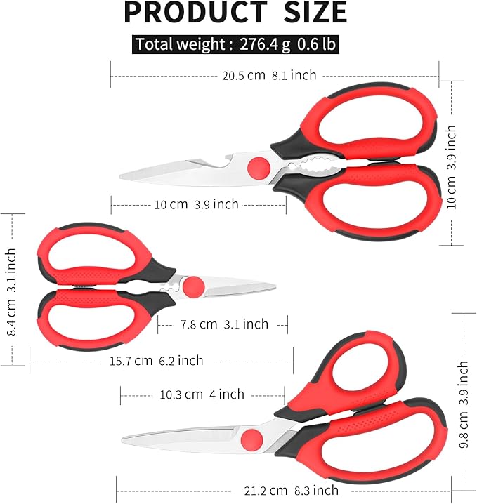Kitchen Scissors, Sharp Stainless Steel Blades, Soft Grips, Multi-Purpose Heavy Duty Scissors Set, Red/Black, 3 Piece Set