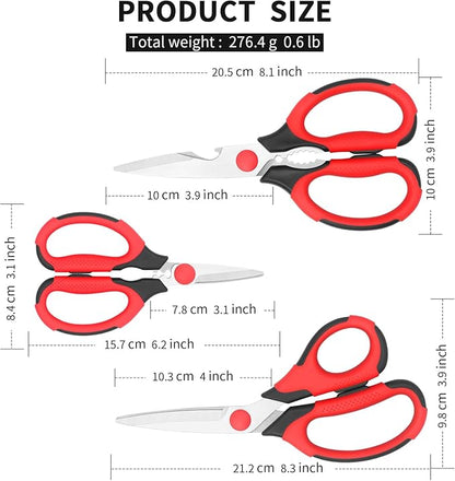 Kitchen Scissors, Sharp Stainless Steel Blades, Soft Grips, Multi-Purpose Heavy Duty Scissors Set, Red/Black, 3 Piece Set