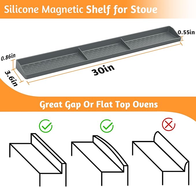 Magnetic Stove Shelf for Back of Stove, 30 Inch Silicone Stove Top Spice Rack for Kitchen Organization, Heat Resistant Over the Stove Shelf with 6 Powerful Magnets, Fits Flat & Curved Stoves- Grey - Image 2