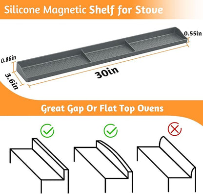 Magnetic Stove Shelf for Back of Stove, 30 Inch Silicone Stove Top Spice Rack for Kitchen Organization, Heat Resistant Over the Stove Shelf with 6 Powerful Magnets, Fits Flat & Curved Stoves- Grey - Image 2