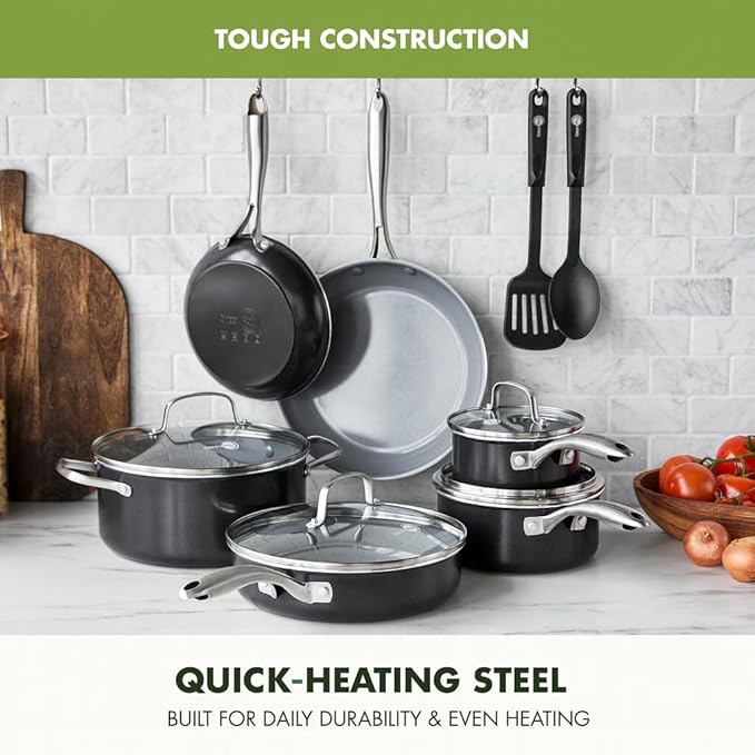 GreenPan 12 Piece Nonstick Swift Cookware Set, Ceramic PFAS-Free Pots & Pans with Lids, Dishwasher & Oven/Broiler Safe to 600F, Kitchen Cooking Set, Sauce, Saute, Stock, Frying Pans, Gray - Image 5