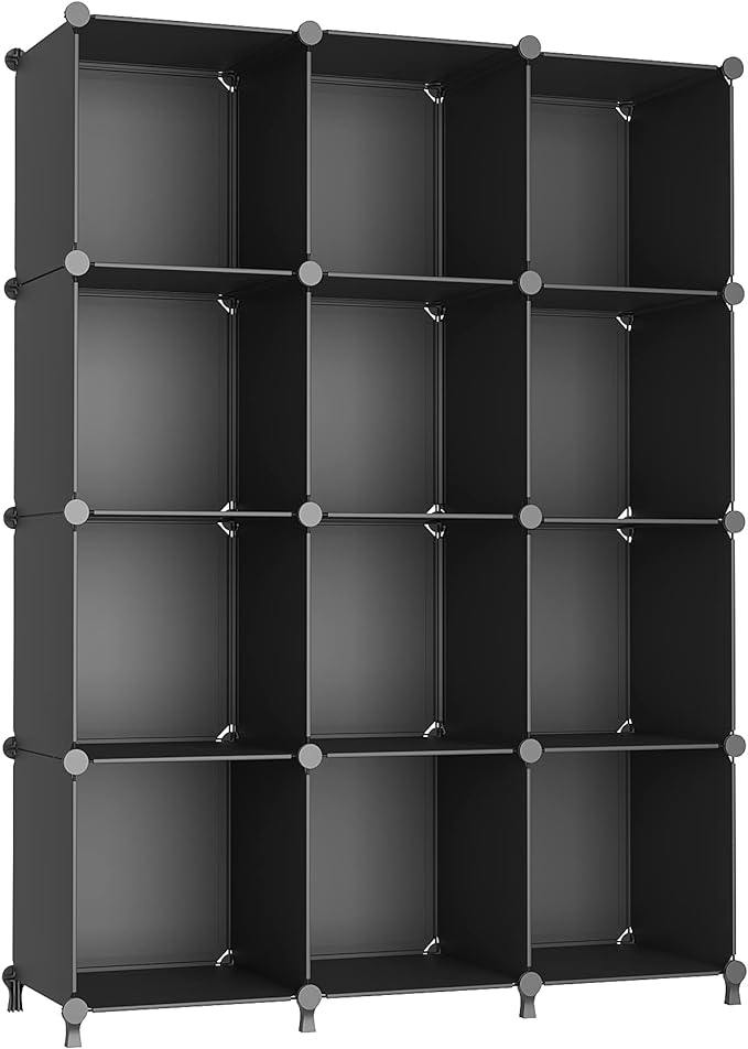 AWTATOS Cube Storage Organizer Closet Storage Shelves DIY Stackable Plastic Storage 12 Cube Bookshelf, Ideal Storage Organizer for Closet, Home, Bedroom, Black by AWTATOS