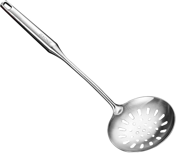 Skimmer Slotted Spoon,304 Stainless Steel Slotted Spoon, Handle Mesh Food Strainer Stainless Steel Colander with Hollow Handle Heat Resistant Cooking Tool,Silver/15.1Inch by GXONEHomeKitchen