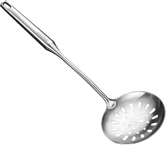Skimmer Slotted Spoon,304 Stainless Steel Slotted Spoon, Handle Mesh Food Strainer Stainless Steel Colander with Hollow Handle Heat Resistant Cooking Tool,Silver/15.1Inch by GXONEHomeKitchen