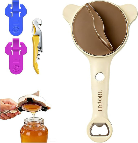 2026 Adjustable 4‑in‑1 Jar Opener with Red Wine Corkscrew & 2 Can Opener, Jar Opener for Seniors and Weak Hands, Perfect for Kitchen Jars, Bottles & Beer Caps (Beige)