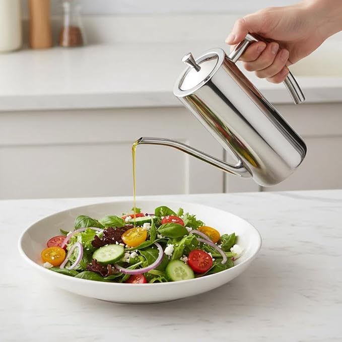 KSENDALO Stainless Steel Olive Oil Dispenser - 24oz/700mL Leakproof Oil Bottle, Premium One-Piece Design with Long Narrow Spout, Vertical Handle Kitchen Cruet for Precision Pouring - Image 3