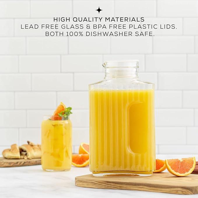 68oz Glass Pitcher with Lid (2 Lids), Rectangle Beverage Serveware and Storage Container for Cold Drinks and Liquids, Water Containers, 2 Quart Pitcher with Lid for Kool Aid and Lemonade - Image 3