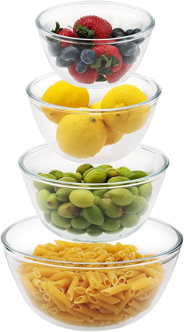 Cuiselect 4pc Glass Mixing Bowls Sets (2.80QT, 1.64QT, 1.16QT, 0.85QT), Nesting Mixing Bowls for Cooking Prep, Baking, Storage, Large Salad Bowls Sets-Dishwasher Microwave Freezer Safe by Cuiselect