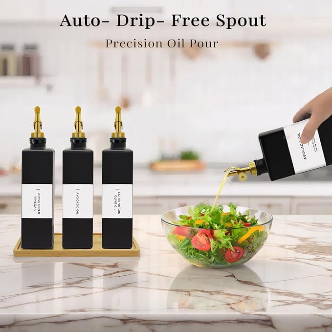 Olive Oil Dispenser Bottle for Kitchen with Bamboo Tray- Glass Oil and Vinegar Dispenser Set 16.9oz, Soy Sauce & Syrup Bottle, Modern Hostess Gift (Black, 16.9oz, Set of 3) - Image 4