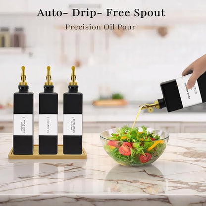 Olive Oil Dispenser Bottle for Kitchen with Bamboo Tray- Glass Oil and Vinegar Dispenser Set 16.9oz, Soy Sauce & Syrup Bottle, Modern Hostess Gift (Black, 16.9oz, Set of 3) - Image 4