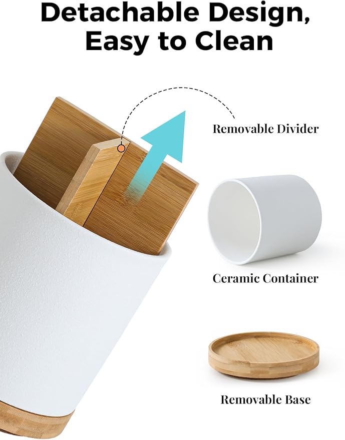 LoeJan 3 Compartment Utensil Holder, Extra Large Utensil Crock, Stable Ceramic Utensil Organizer, Cooking Tool Organizer Set for Kitchen Counter Farmhouse Decor, Textured White - Image 4