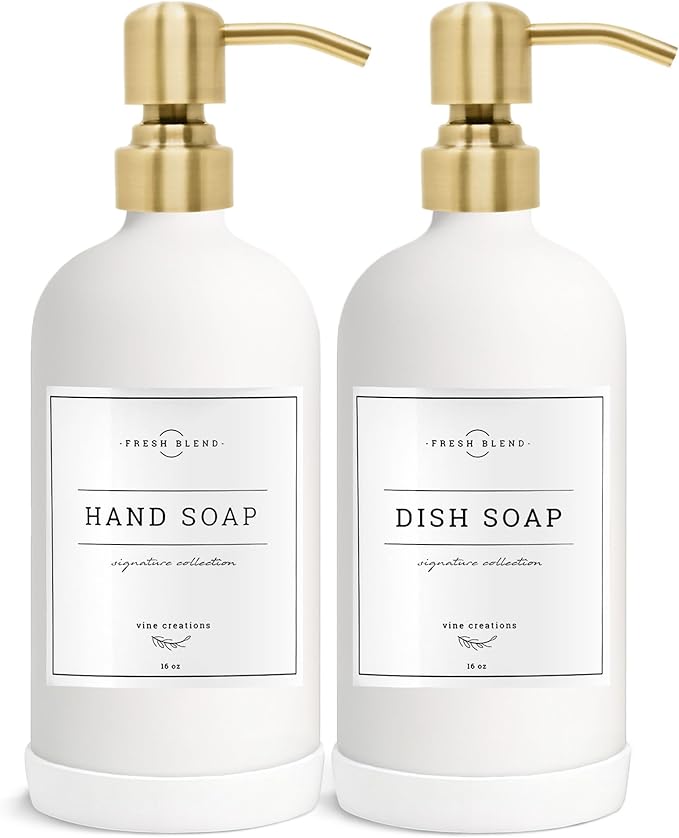 Vine Creations White Glass Soap Dispenser, 2 Pack Kitchen Soap Dispenser Set with Stainless Steel Pump, 16 oz Dish Soap and Hand Soap Dispensers for Bathroom with Waterproof Labels by VineCreations