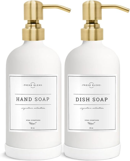 Vine Creations White Glass Soap Dispenser, 2 Pack Kitchen Soap Dispenser Set with Stainless Steel Pump, 16 oz Dish Soap and Hand Soap Dispensers for Bathroom with Waterproof Labels by VineCreations