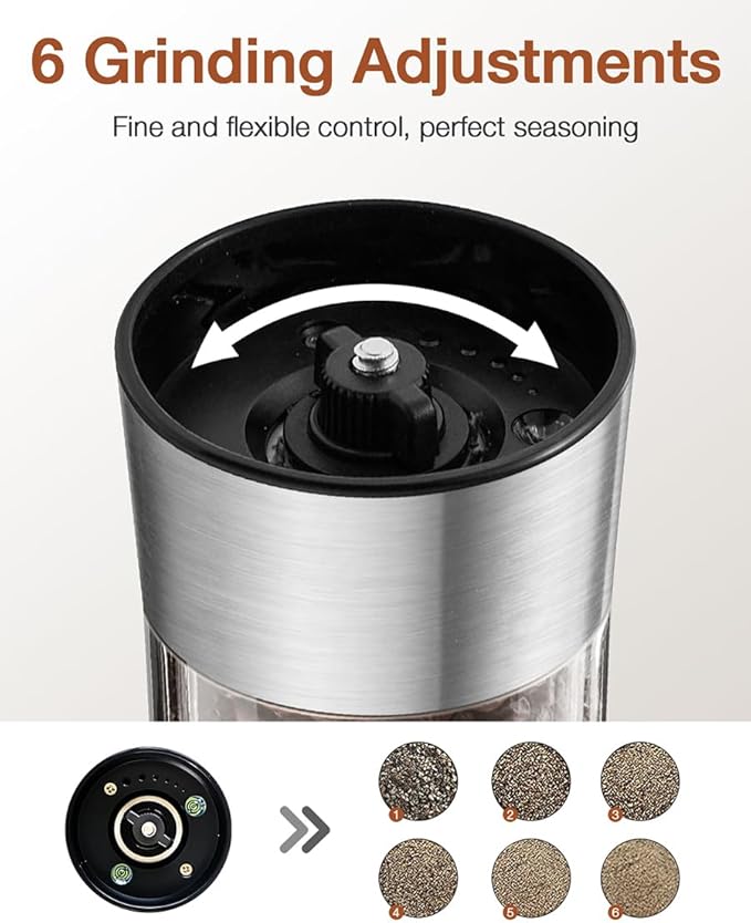 Gravity Electric Salt and Pepper Grinder Set, Automatic Mills with Rechargeable Charging Base, Built-in LED Light & Stainless Steel Body